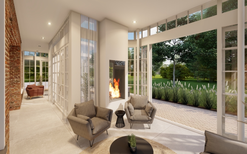 Ronde aanbouw met open haard