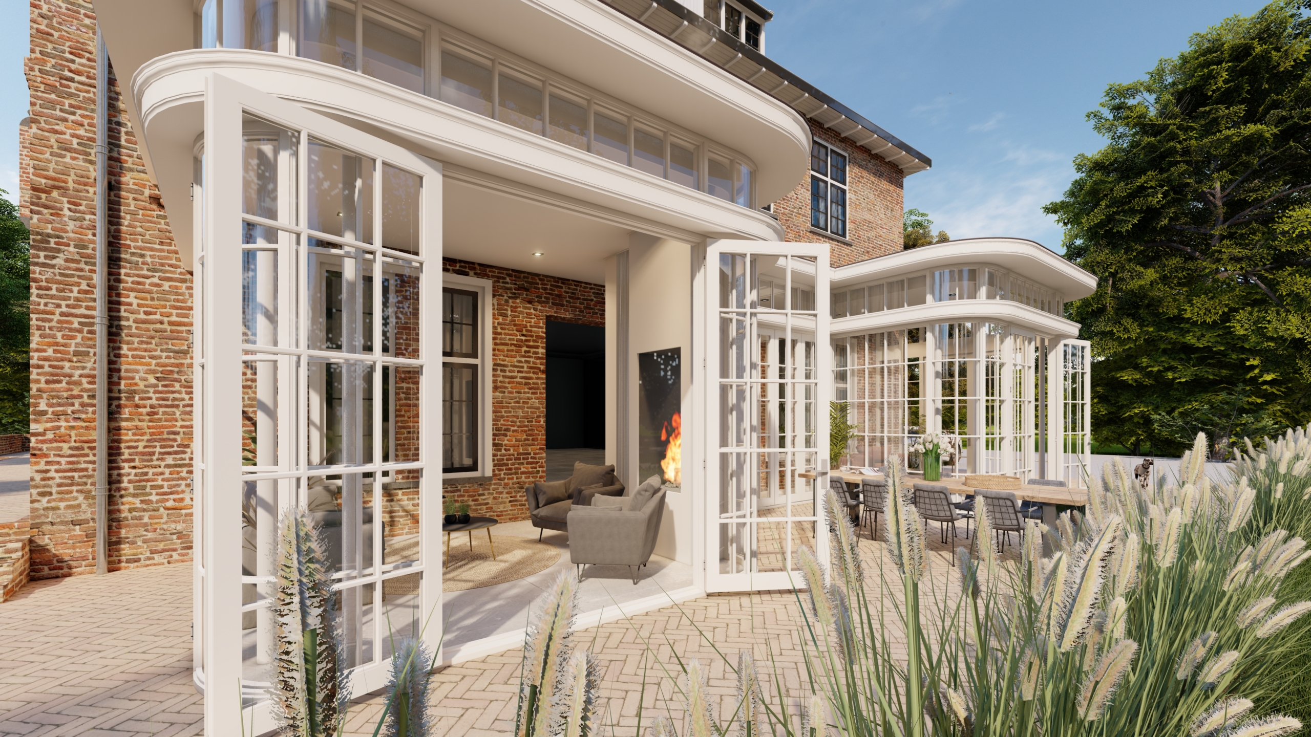 Ronde aanbouw met openslaande deuren